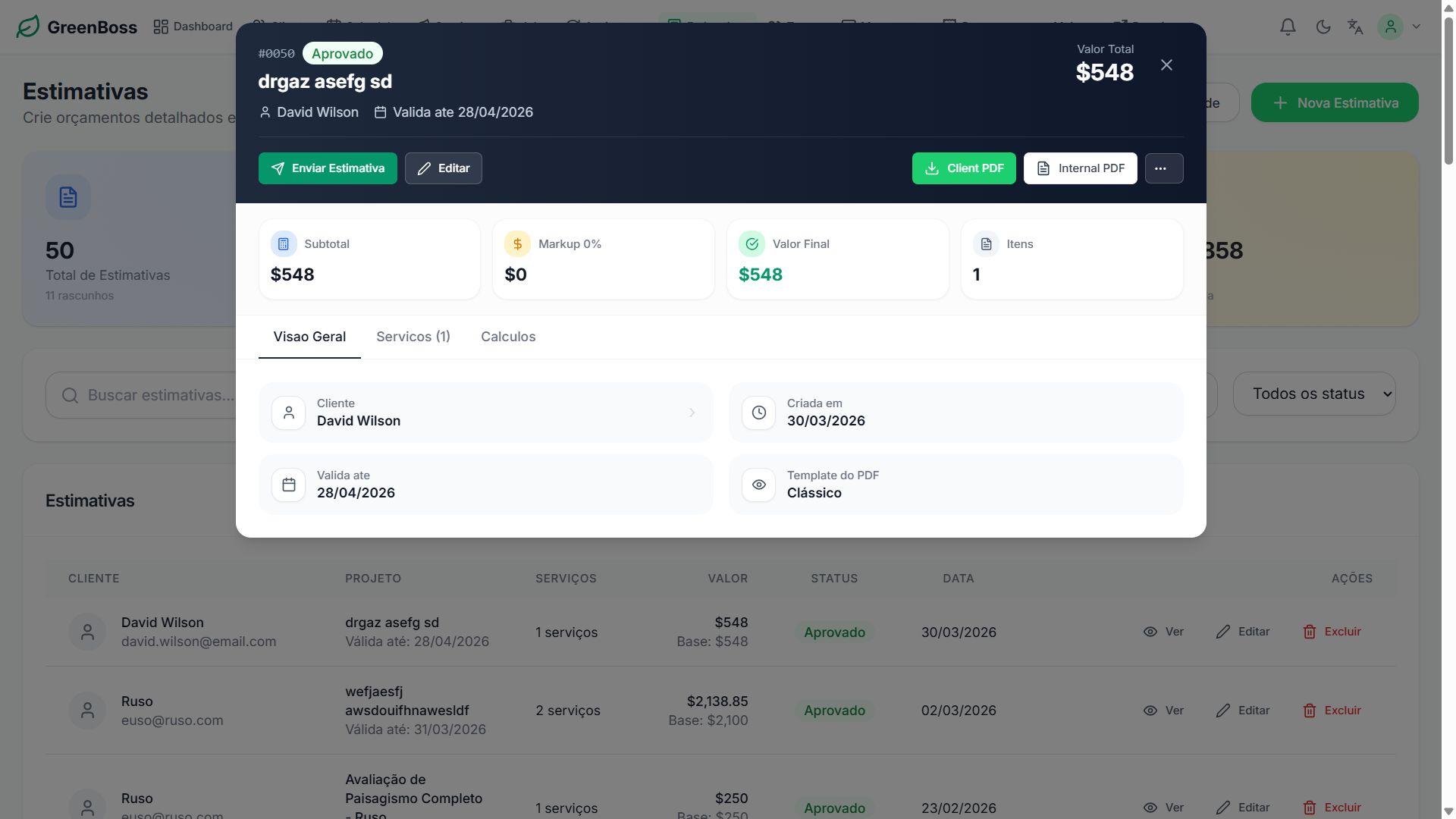 GreenBoss estimate details showing total value, template selection, client information, and services